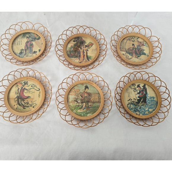 Geisha Bamboo Asian Wicker Coaster Set of 6 with Holder Vintage - Picture 1 of 16